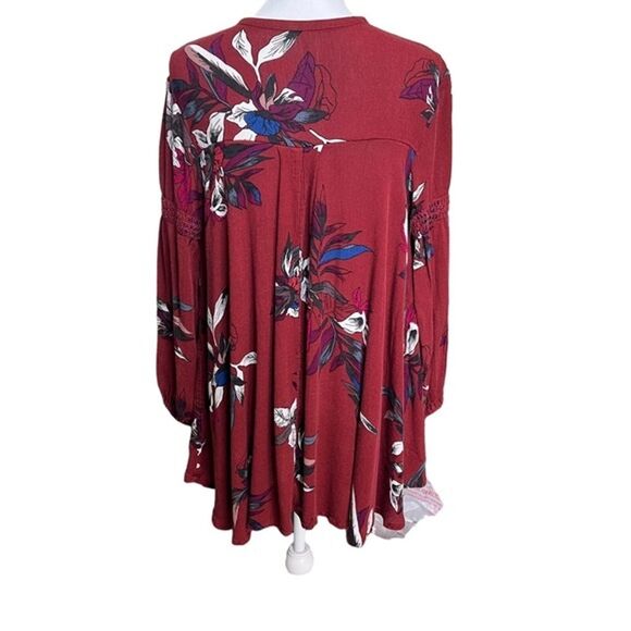 Free People Maroon Floral Keyhole Neck Tunic Top Mini Dress Oversize Boho Blouse - Picture 4 of 6